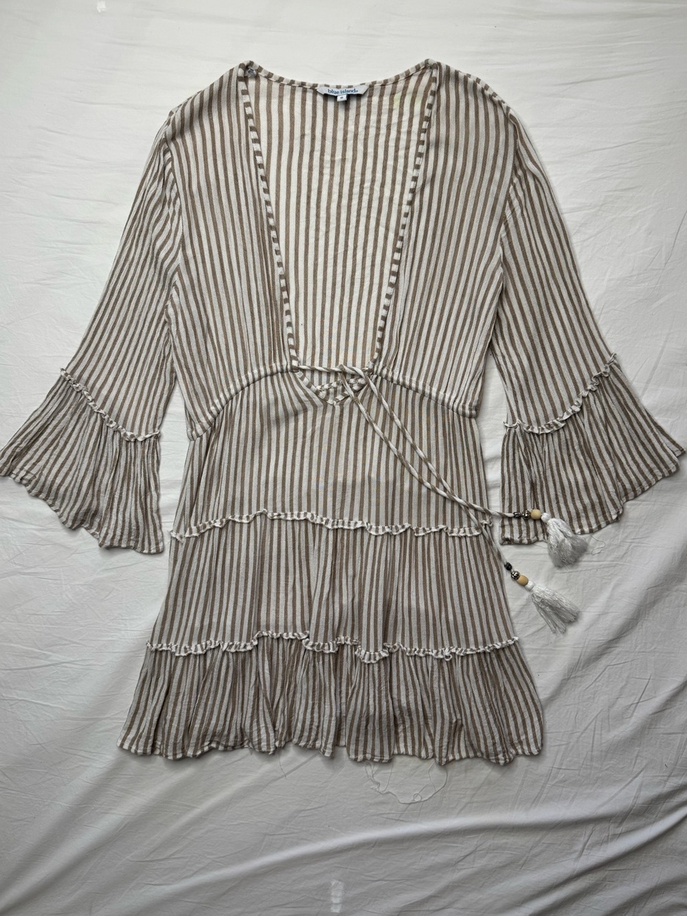 blue island - Beige & White Striped V-Neck  Long Sleeve Mini Beach Dress